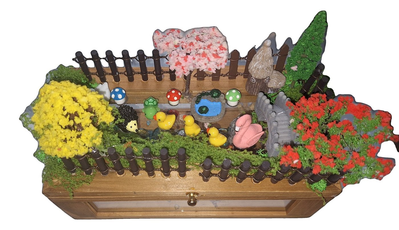 Handmade miniature fairy garden built into a wooden keepsake box